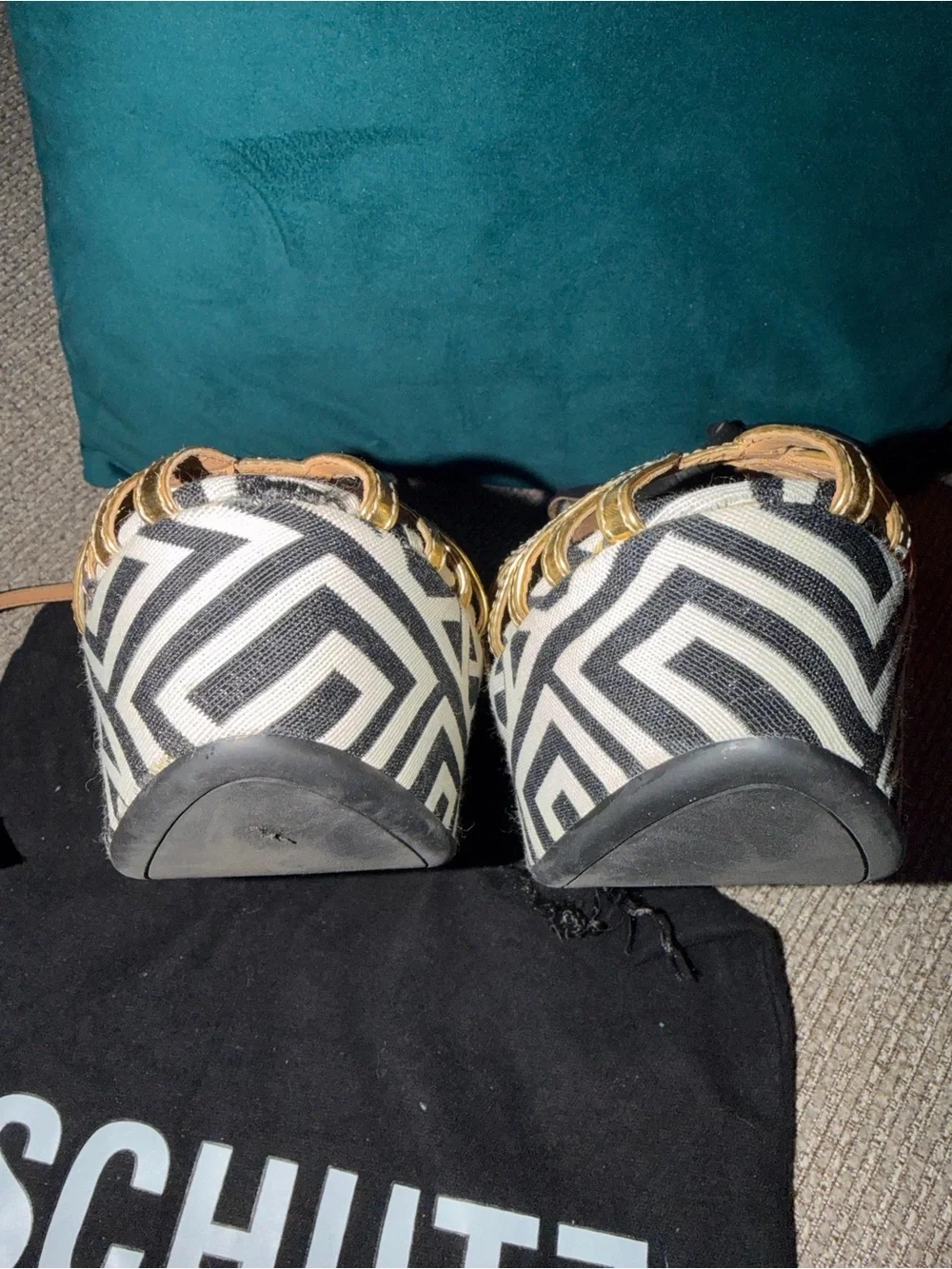 SCHUTZ Gold Strappy Platform Sandals with Black-and-White Geometric Platform